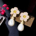 Bling Pink Cubic Zirconia Crystal Gold Plated Dangling Drop Women Party Engagement Flower Pearl Earrings Jewelry Accessory