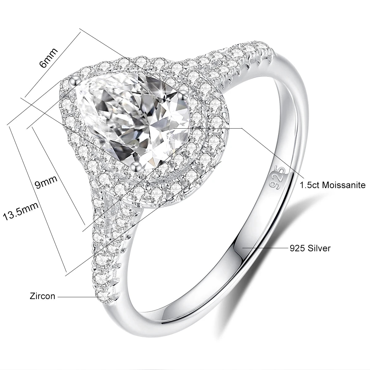 Classic Halo Wedding Diamond Rings 925 Silver 1.5 Carat Pear Cut Moissanite Engagement Rings for Women