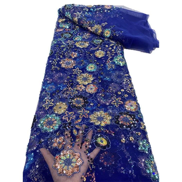 Luxurious Beads Embroidered Lace Indian Beaded Fabrics Colorful Sequins Floral Lace Fabric
