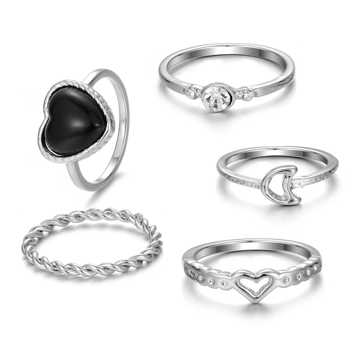 5pcs/set Women Hip Hop Knuckle Finger Ring Set Vintage Moon Ring Set Black Peach Heart Antique Silver Twist Ring with Diamond