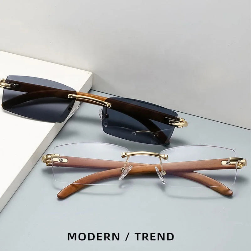 Fashion Vintage Wooden Rimless Sunglasses Men Rectangle Uv400 Eyewear Custom Logo Sun Glasses