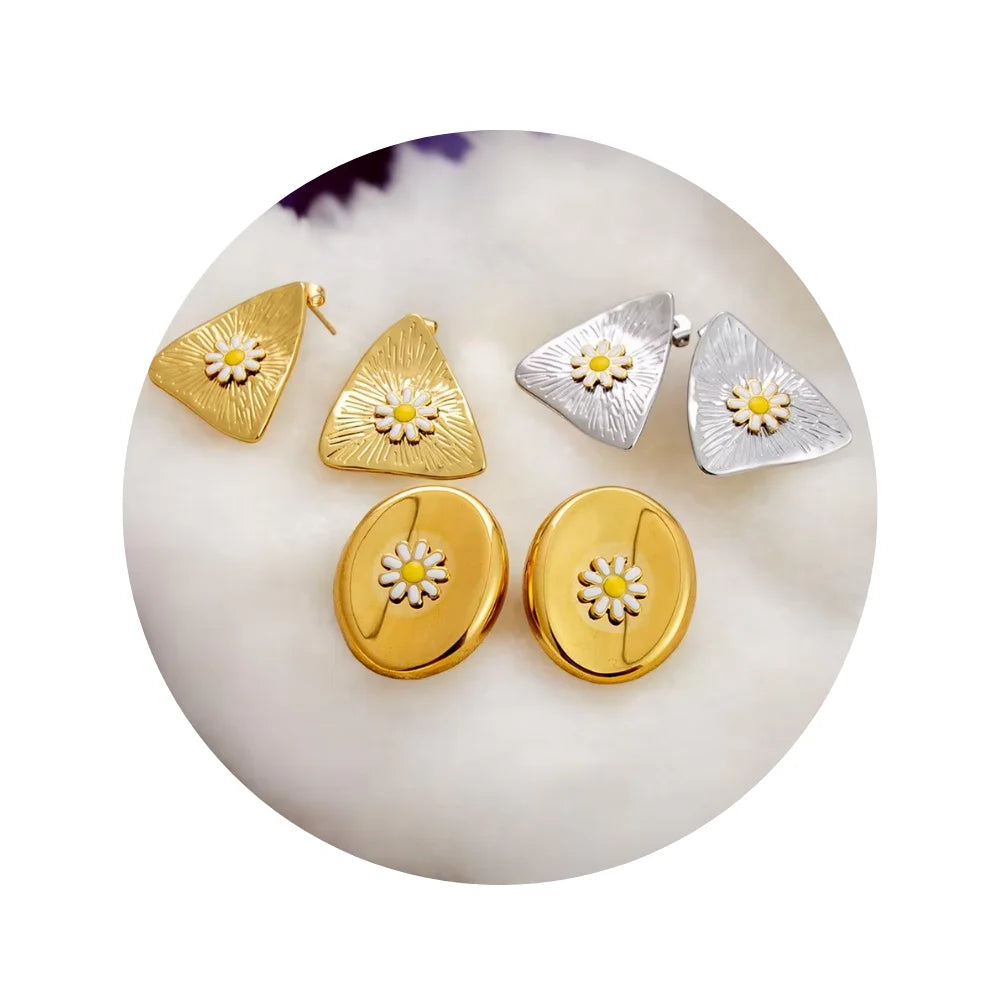 Women's Stainless Steel Waterproof 18K Gold Plated Silver Enamel Dainty Daisy Flower Ear Stud Earrings Fine Jewelry Accessories