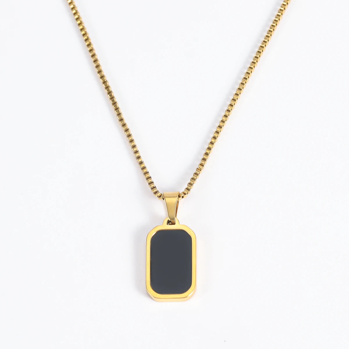 Fashion Jewelry 18K Gold Plated Box Chain Black Enamel Square Necklace Stainless Steel Rectangle Pendant Necklace for Women