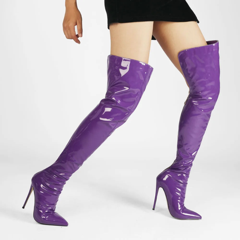 Women's Winter Sexy Over-The-Knee Boots Pointed Toe Stiletto Heel Size 47 Solid Patent PU with Side Zip Closure for Autumn