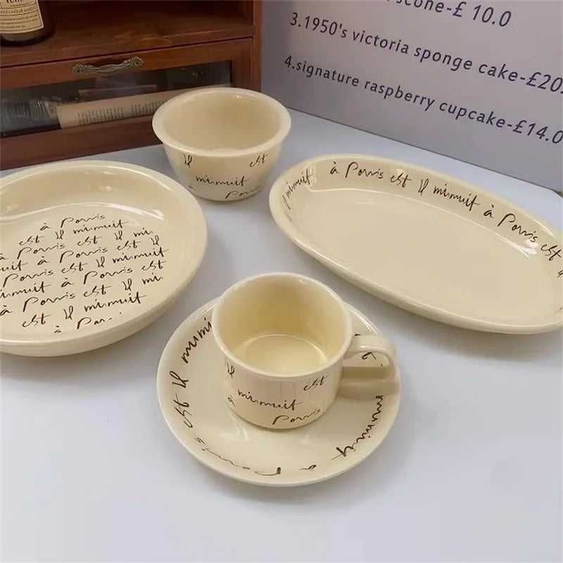Ins Korean Retro Cream Yellow Letters Ceramic Round Dessert Cake Plate Creative French Letter Cream Ceramic Tableware Set