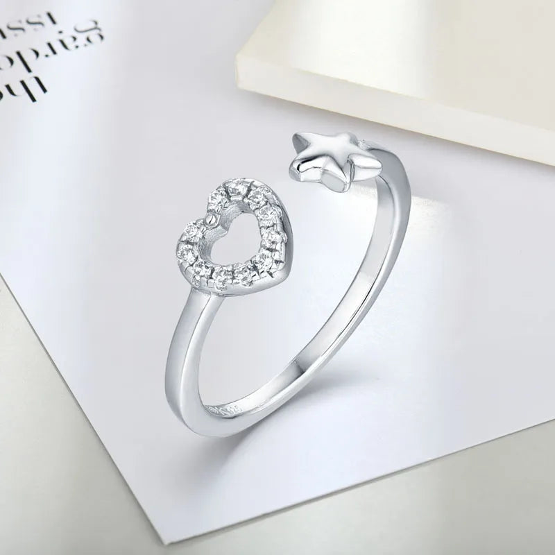 2024 Charm Jewelry Plated 925 Sterling Silver Jewellery Women Heart Ring Open Hollow Heart and Star Ring