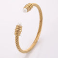 Retro Stainless Steel 18K Gold Plated Twisted Wire Cable Clear Pearl Cuff Bangles Bracelets