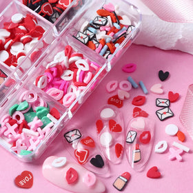 6-Grid of Box Mixed Valentine's Day Soft Clay Slice Heart Red Lip 3D Nail Art Stones High Quality Multiple Shapes