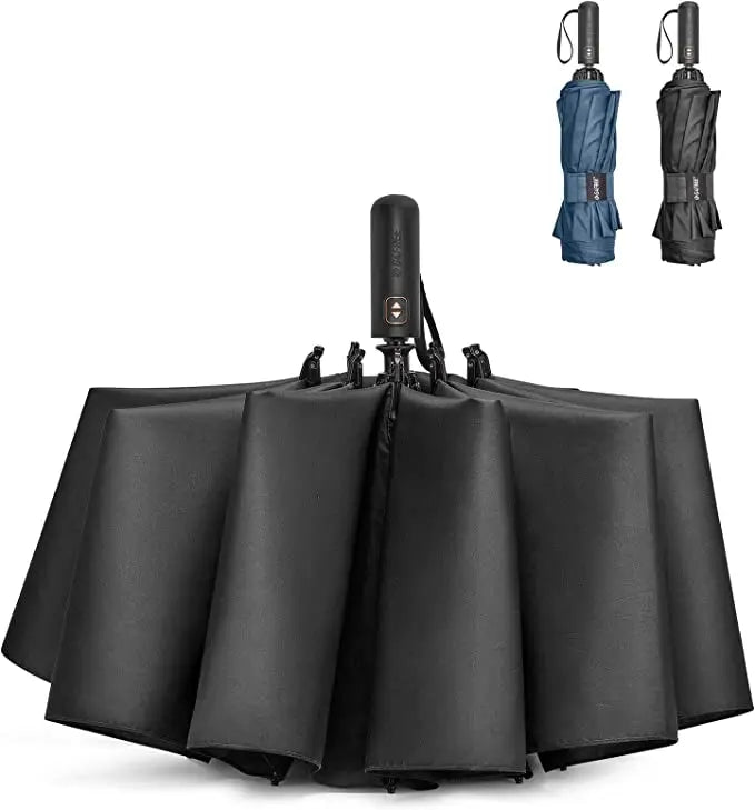 Custom Logo 3-Folding Fully Automatic Reverse Umbrella Windproof 10 Ribs Inverted Compact Executive Personal Shield