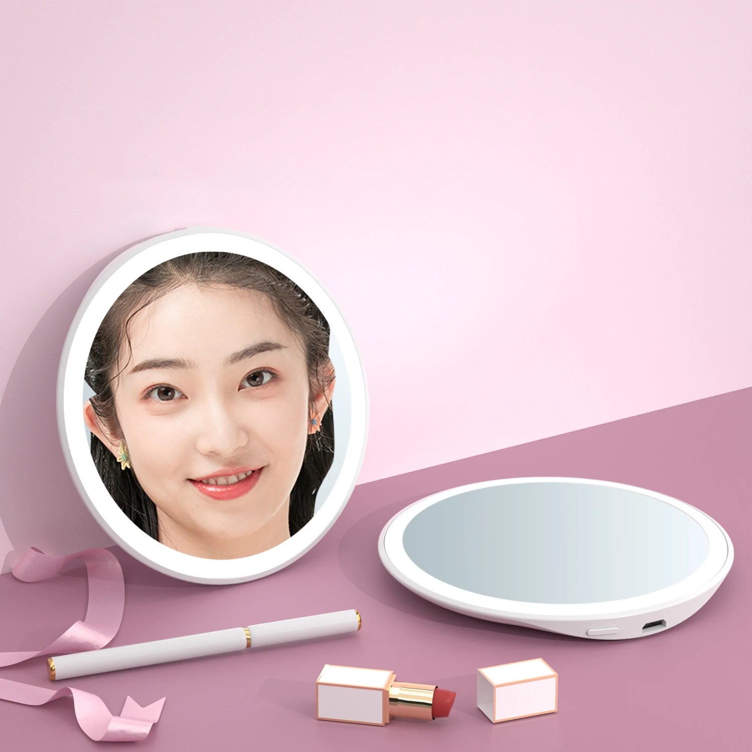 Zonyin Round Portable Plastic Travel Makeup Mirror Hand Held Small Lighted Pocket Mirror With Customized Logo Led Light  Mirror