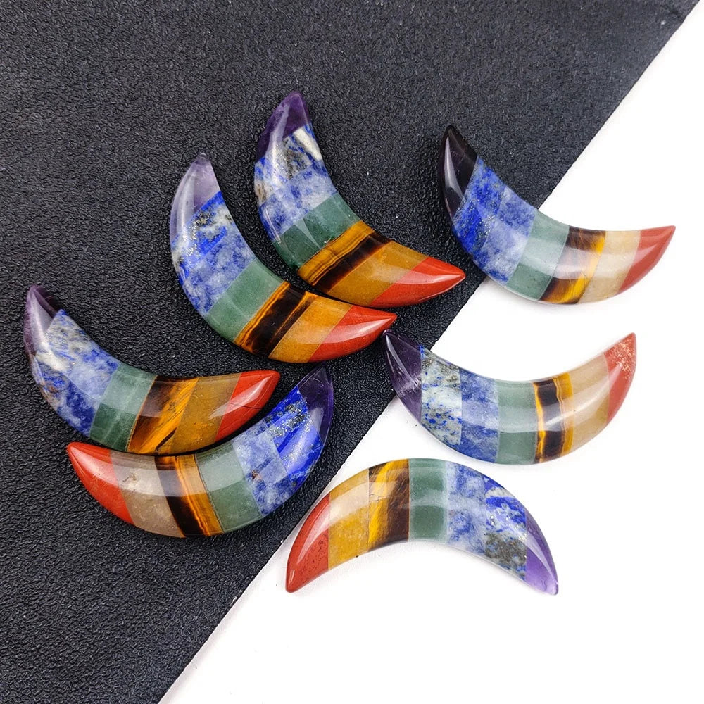 Wholesale Natural Crystal Seven Chakra Moon Shape Ornaments Healing Energy Stone Folk Craft