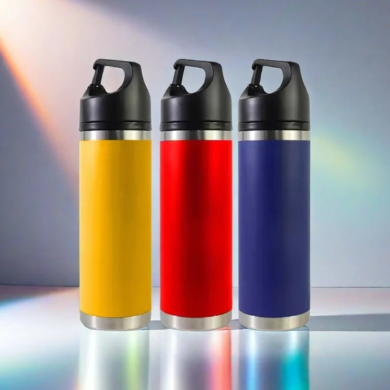 21oz Portable 640ml Double Wall Insulated Water Bottle Vacuum Flask Carabiner Handle Reusable Sports Thermal Flask for Hot