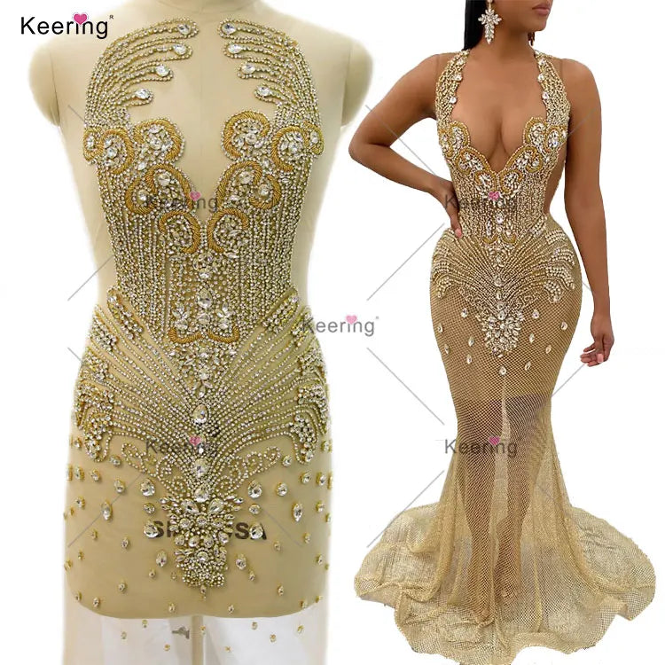 WDP-245 Keering New Style Sew on Crystal Beaded Bodice Rhinestone Applique for Women Elegant Party Evening Dress