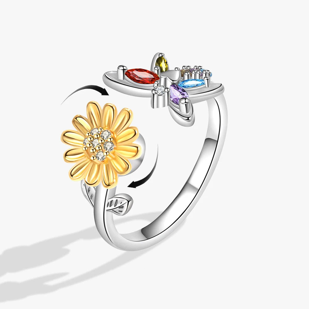 Rotating Sunflower Butterfly Anxiety Stress Ring Women Spinner Sunflower Open Adjustable Ring Anillos Anti Ansiedad