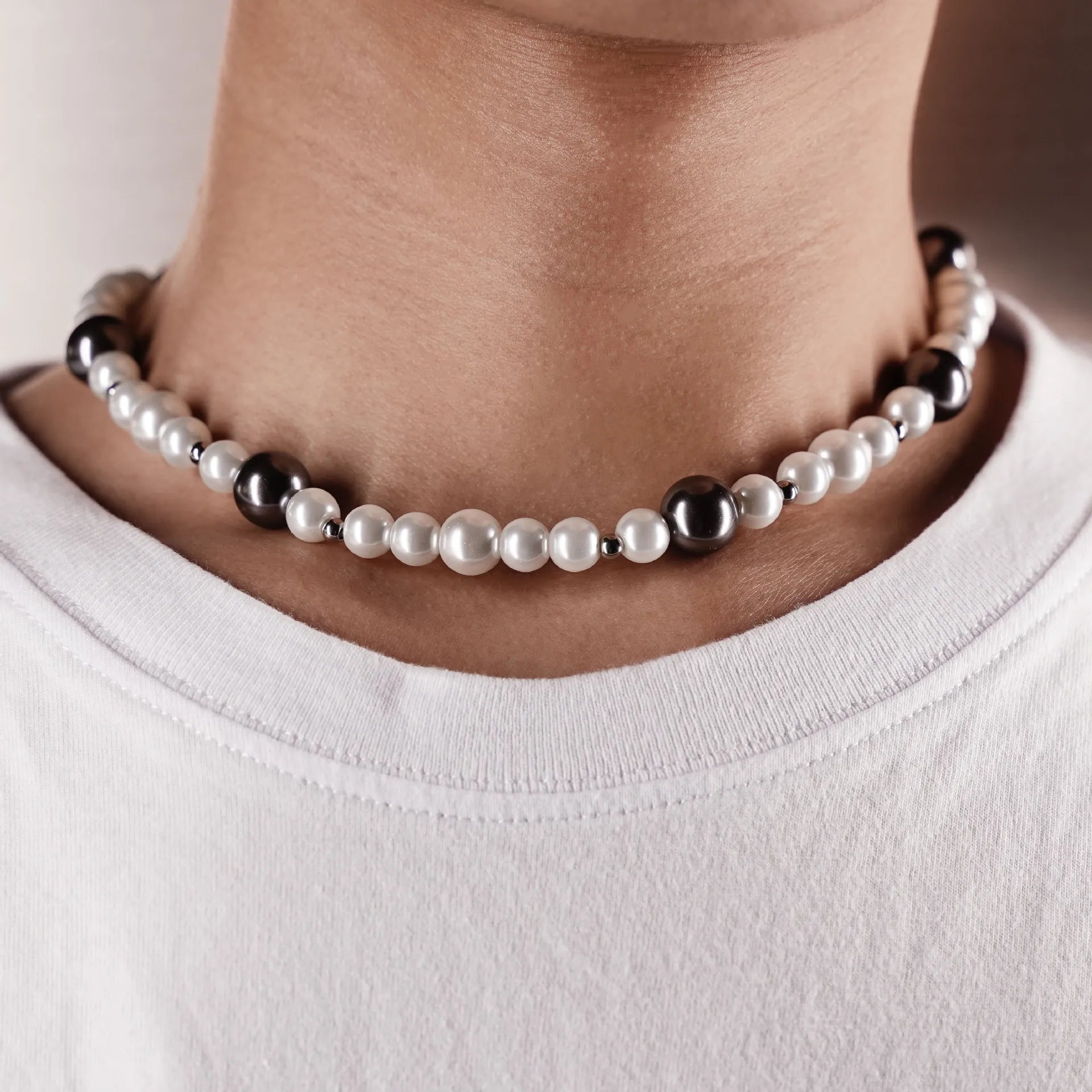 Street Hipster Hip-hop Bouncy Pearl Splicing Necklace Asap rocky with Short Stainless Steel Men's Necklace