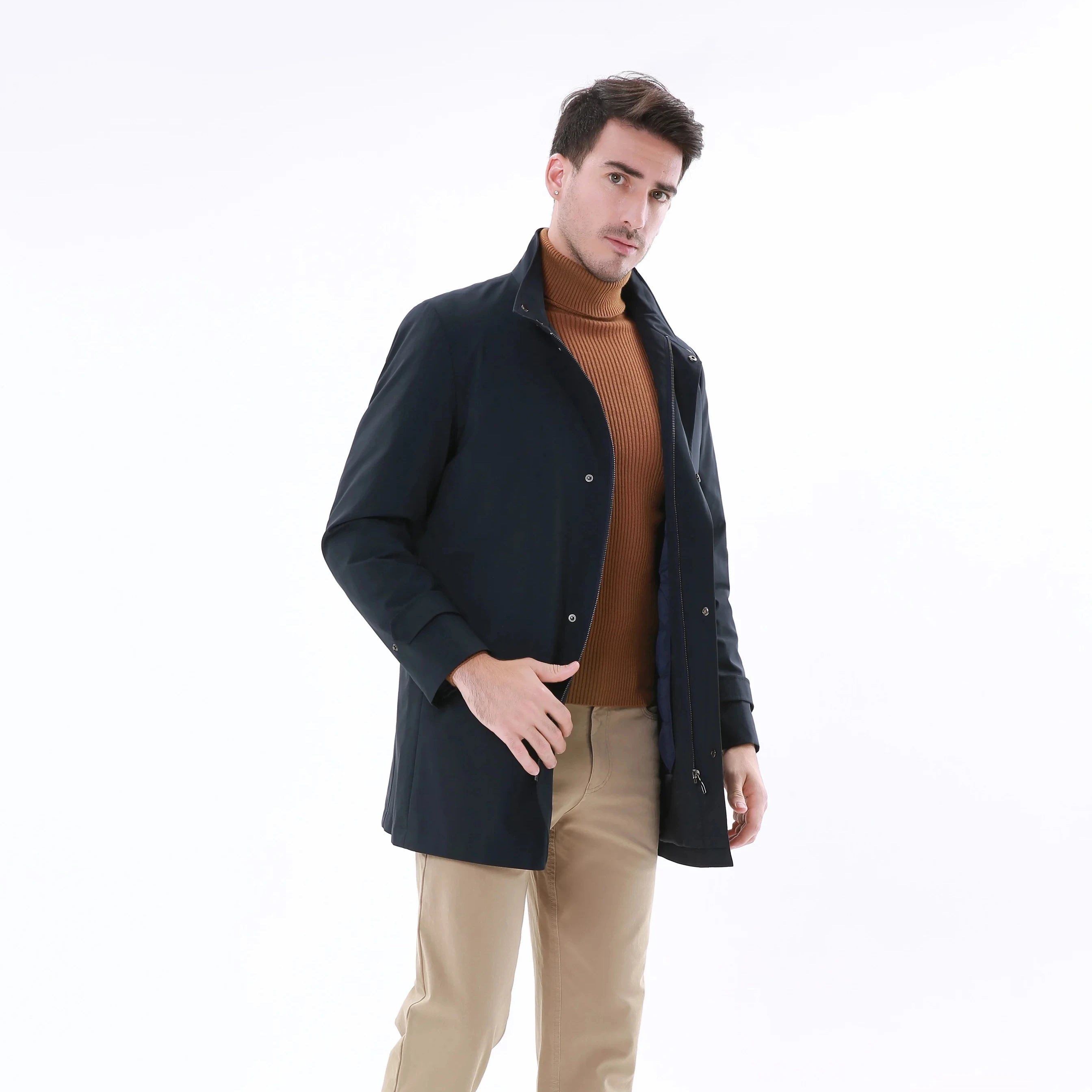 2023 Bosha Men's Navy Blue Custom Trench Coat  With French Front and Snap Bottoms  Zipper Closure and Pockets