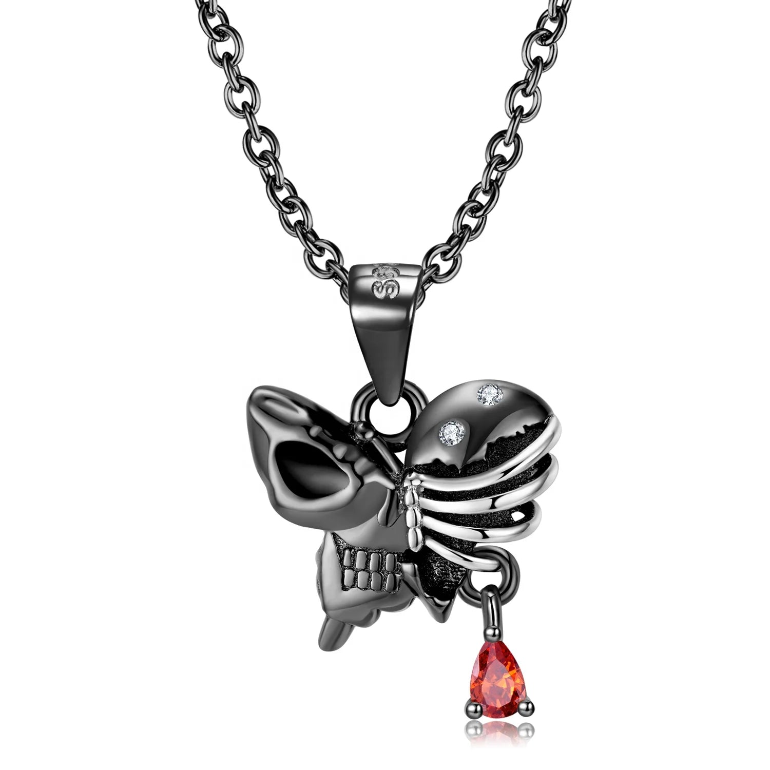 Rib Cage Butterfly Skull Pendant Necklace Authentic 925 Sterling Silver Beads with Red Zirconia for Women Necklaces Jewelry Fine