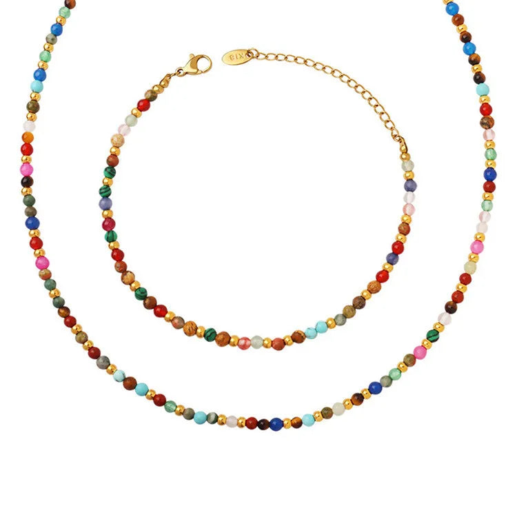 SP Bohemian Style Titanium Steel Colorful Natural Stone Beaded Choker Necklace