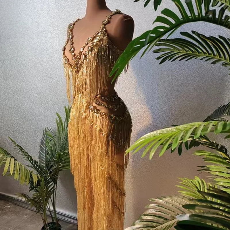 Gold Tassel Sequins Cut Out Rompers  One Piece Bodysuits Stage Performance Outfits Party Wide Leg Jumpsuit