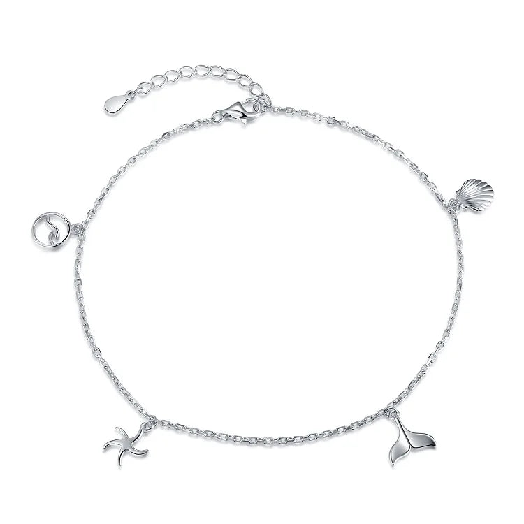 Gold Plated 925 Sterling Silver Wave Starfish Whale Shell Ocean Boho Anklets-Gift
