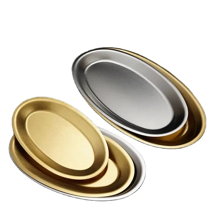 Factory Wholesale Golden Stainless Steel Oval Shape Fish Plate  Cheap Charger Dinner Plate Varies Size Available Food Tray