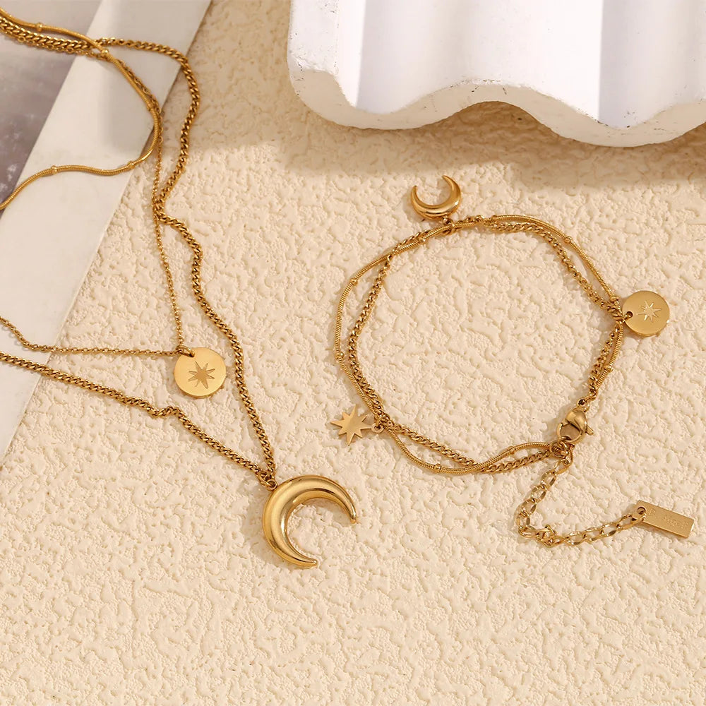 Luxury Quality 18K Gold Plated Stainless Steel Moon Eight-pointed Star Multi-layer Necklace Bracelet Set