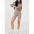 Custom Gym Workout Sweat Suit Fitness Sportswear 2 Piece Long Sleeve Crewneck Sweatshirt and Yoga Shorts Set