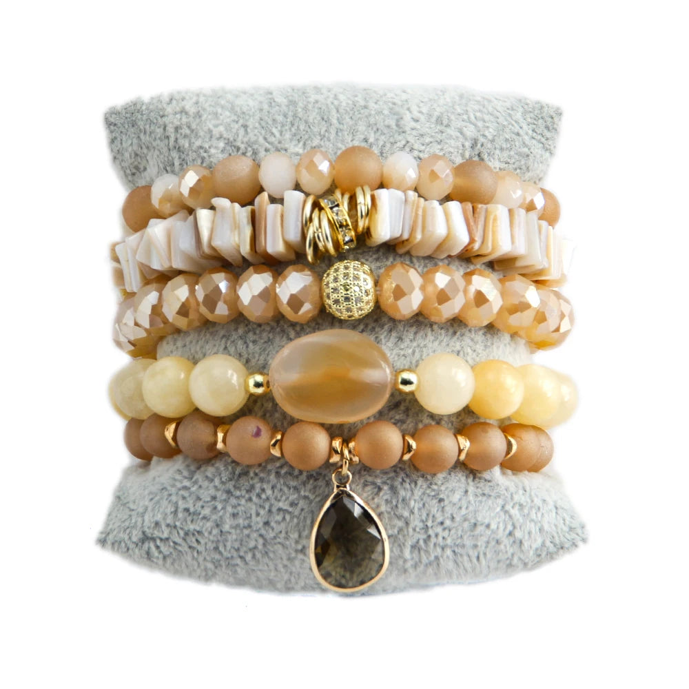 New Trendy Creative Women's Jewelry 5pcs Natural Stone Glass Bead Elastic Bracelet Oval Druzy Stack Bracelet Set