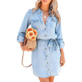 RNSHANGER Autumn Women Long Sleeve Shirt Dress Denim Long Button Shirt Print Dress Casual Loose Dresses With Pocket