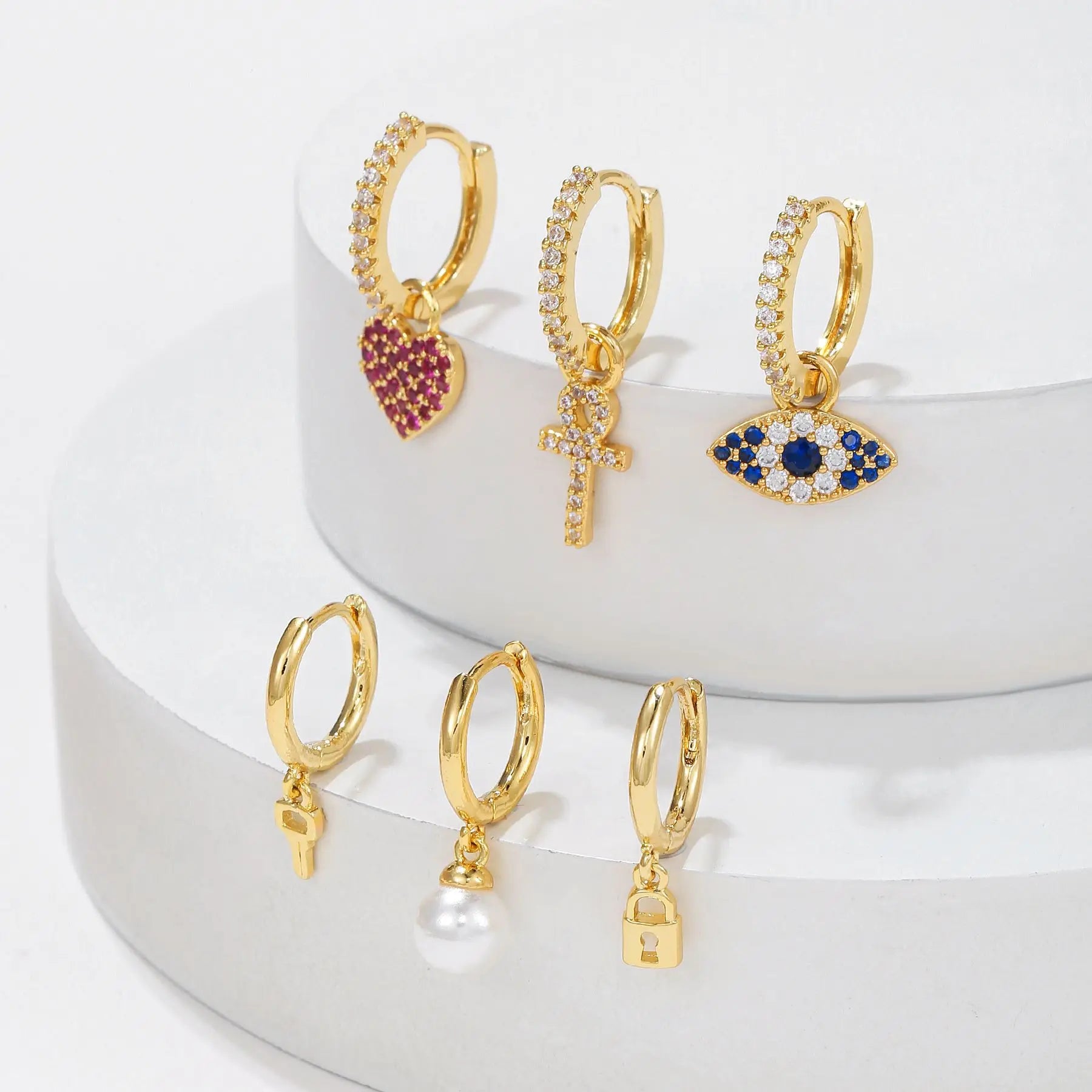 New Design Color Zircon Earrings Set 18K Gold Plated Brass Earrings Fashion Jewelry Geometric Pearl Pendant Earrings for Women