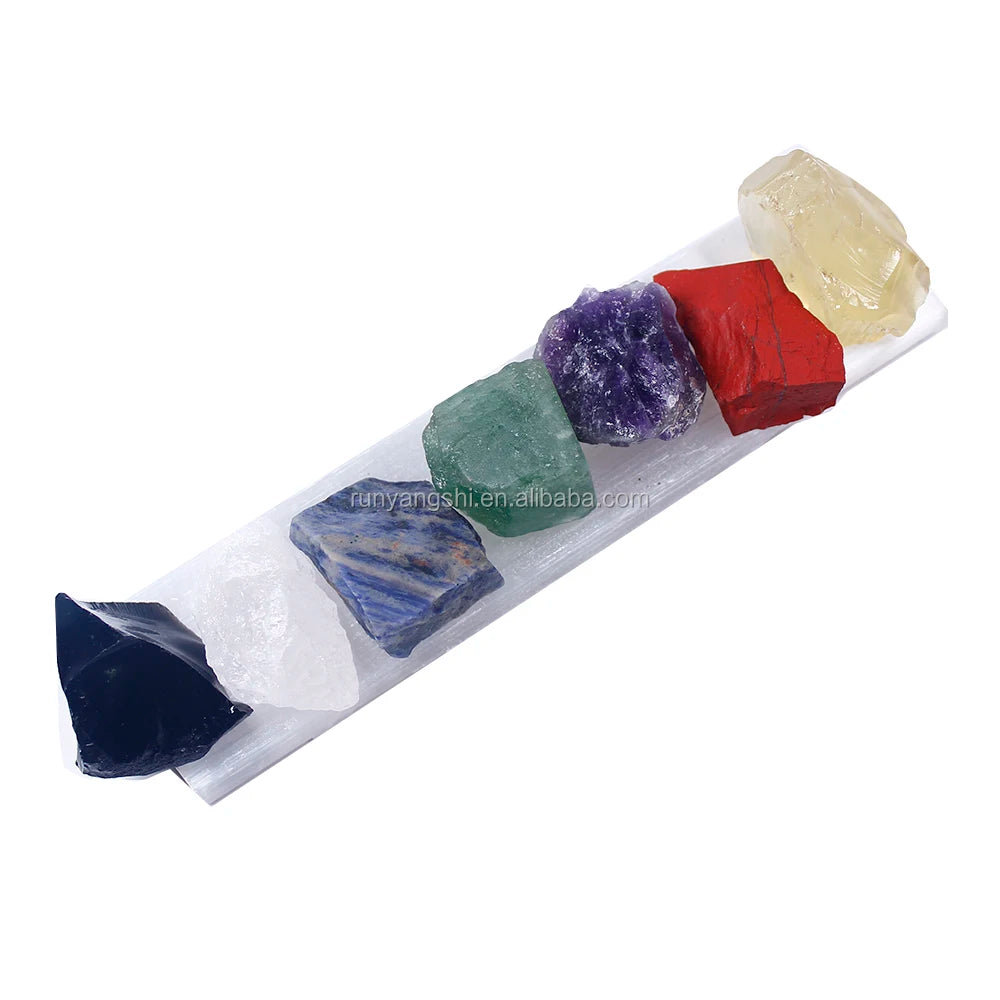 Wholesale Natural Raw Stones Rough Quartz Crystal Selenite Plate Base 7 Chakra Stone Set for Healing