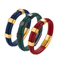 Gold-Plated Leather Bracelet for Men Trendy Vintage Style Geometric Pattern Magnetic Buckle Braided Fashionable Bangles