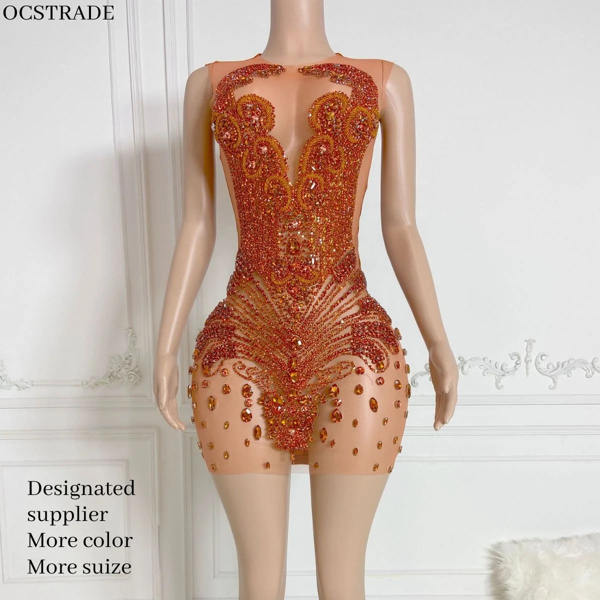 Ocstrade Promotional Products Shinny Diamond Vestidos Pink Rhinestone Mesh Club Dresses Crystal Elegant Mini Dinner Party Dress