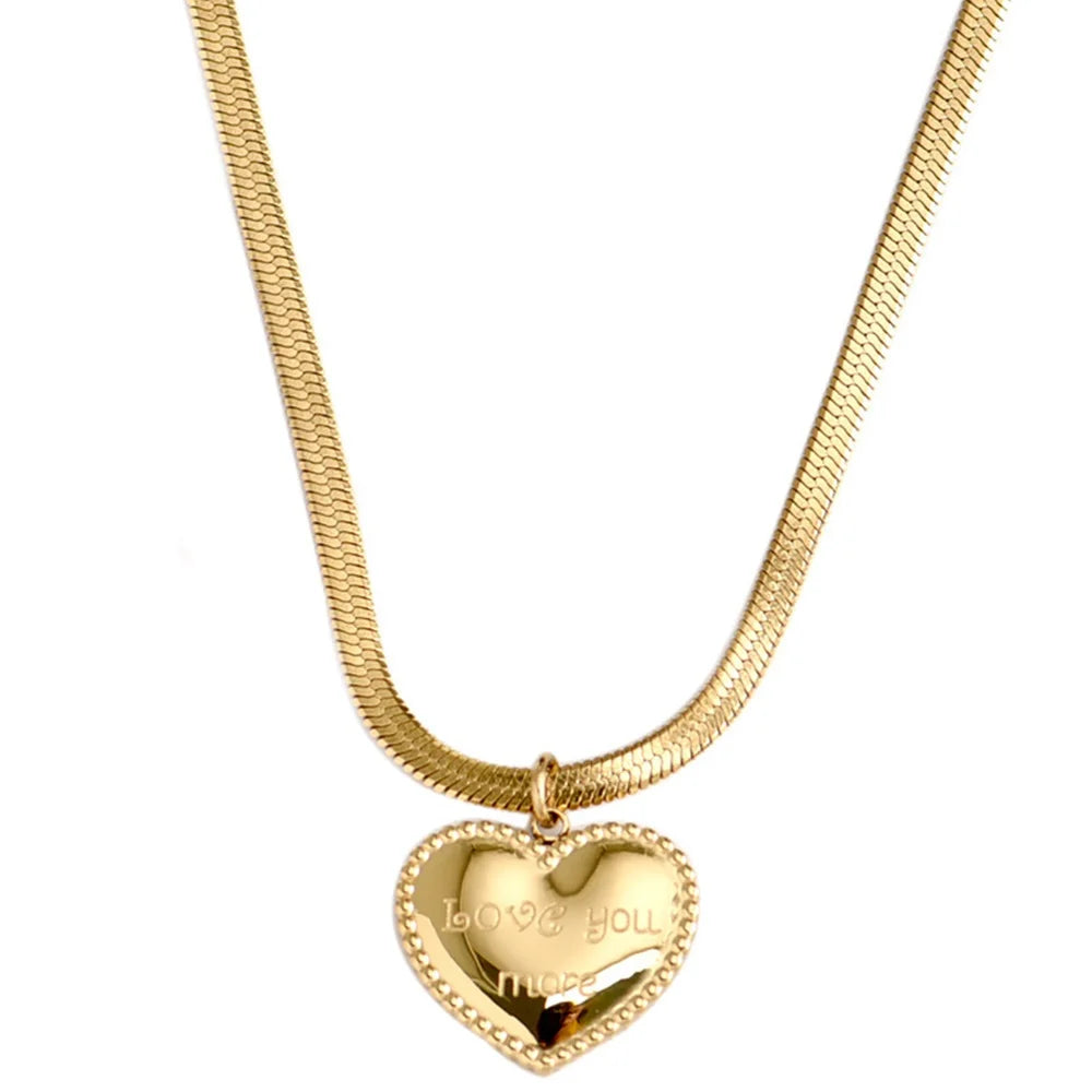 Stainless Steel Herringbone Chain Choker Necklace with love You More Engraving Heart Pendant Charm Necklace Women Jewelry