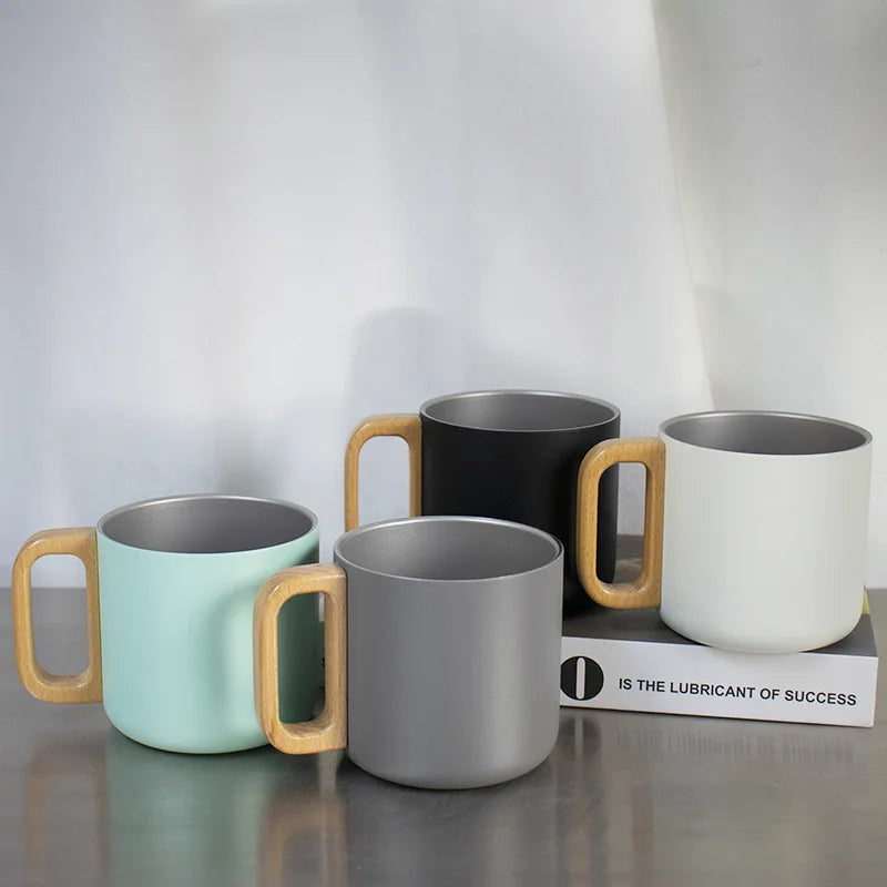 Wholesale 400ml Large Mug Stainless Steel Matt Milk Cup  Wood Handle 304 Coffee Cup Simple Design for Picnic Camping