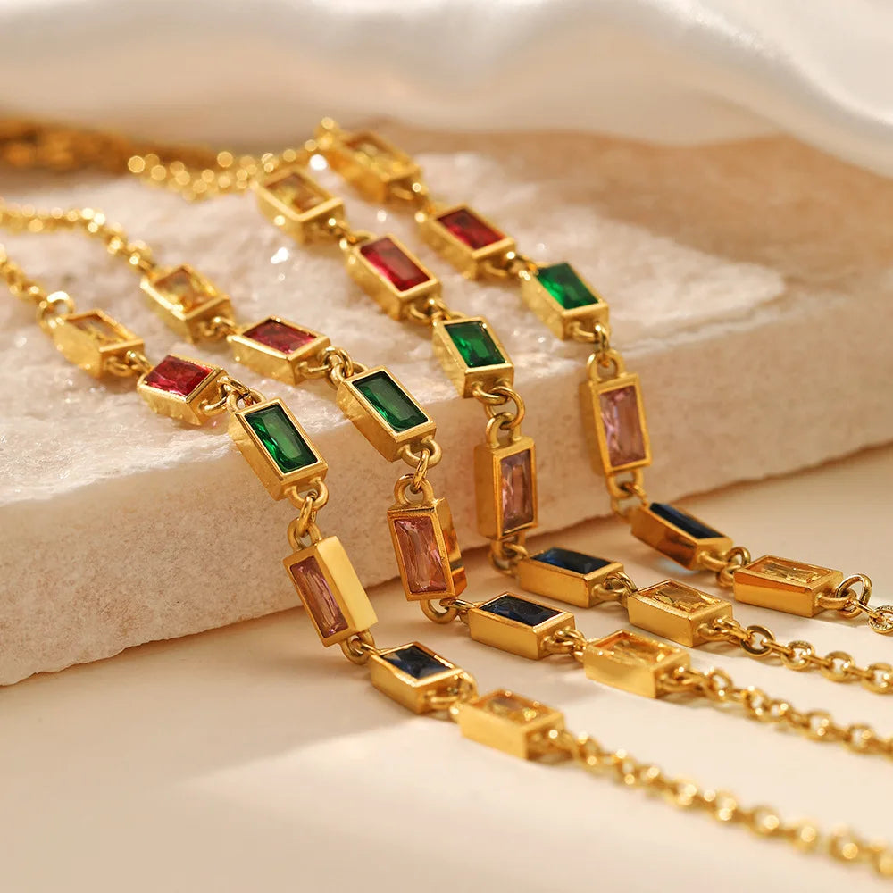 European and American Fashion Retro Fashion Color Crystal 18K Gold Waterproof Stainless Steel Bracelet Gifts for Women