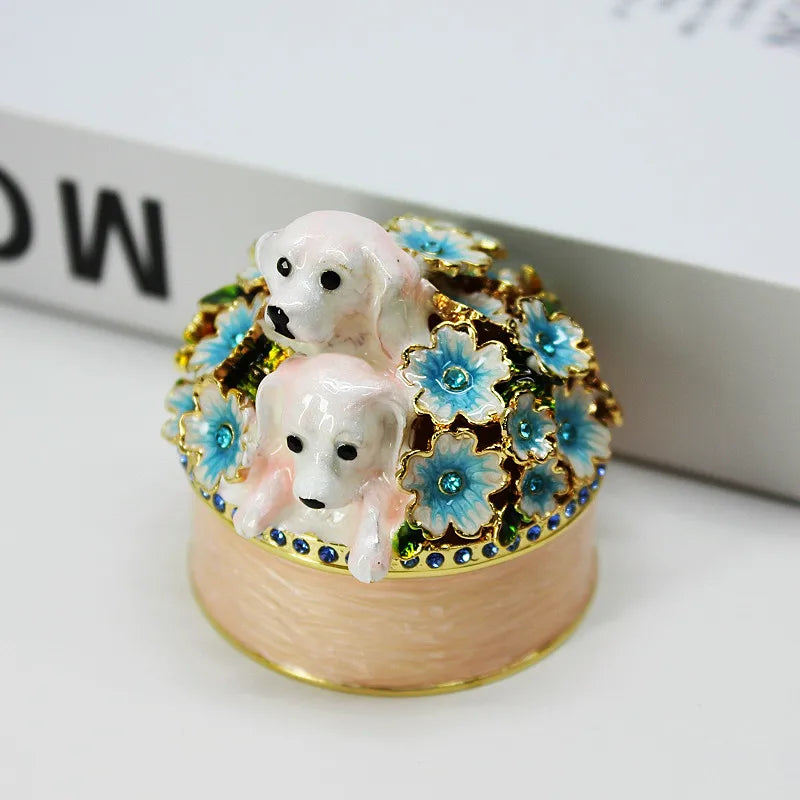 SHINNYGIFTS Enamel Trinket Box Dog on Flower Metal Pewter Jewelry Plating Wedding Favor Christmas Gift Direct GuangDong Factory