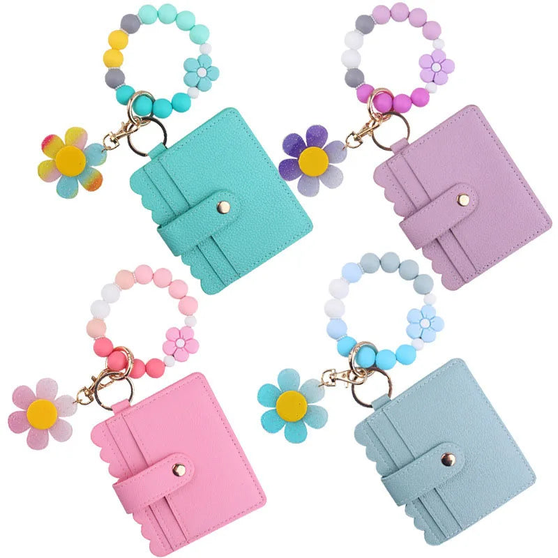 New Daisy Charm Card Holder Flower Silicone Beaded Bracelet Wallet Keychain for Women