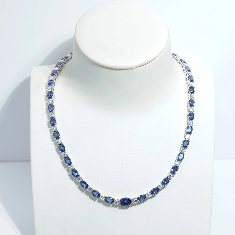 Starsgem Oval Shape Lab Sapphire Tennis Necklace Shape Round Shape Best Color Moissanite 14k White Gold Jewelry