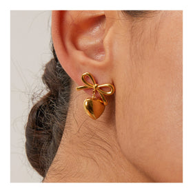 ERESI Fashion Waterproof 18K Gold Plated Jewelry PVD Stainless Steel Smooth Heart Pendant Bow Stud Earring for Girl
