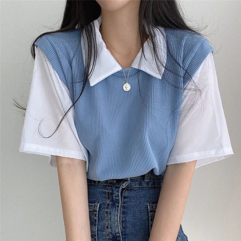 2023 Spring Summer Casual Polo T-shirt Female Pullover Women's Loose Tees Top Fake Two Piece Suit Student Preppy Style