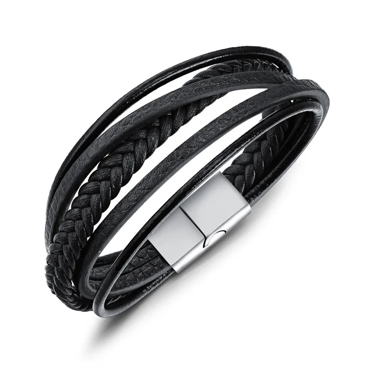 Punk Rock Jewelry Bracelet Stainless Steel Magnetic Buttons Leather Bracelet for Men