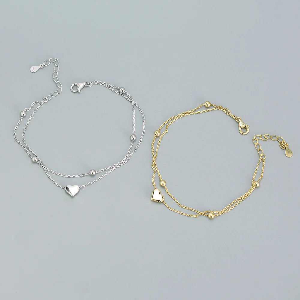 Elegant 925 Sterling Silver Double Layer Link Chain Heart Charm Bracelets for Girls Beach Jewelry