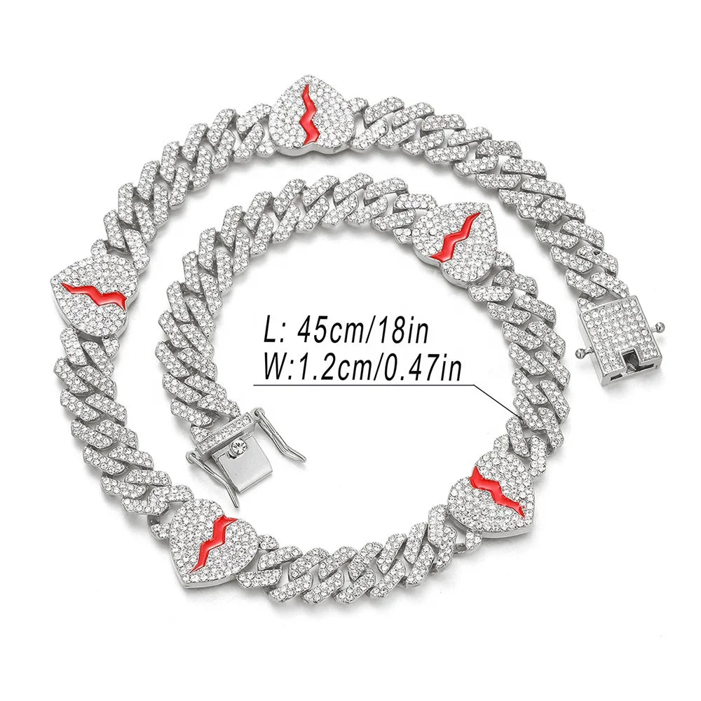 Iced Out Rapper Jewelry Alloy and Bling Rhinestone Hip Hop 12mm love Heart Cuban Chain Choker Necklace