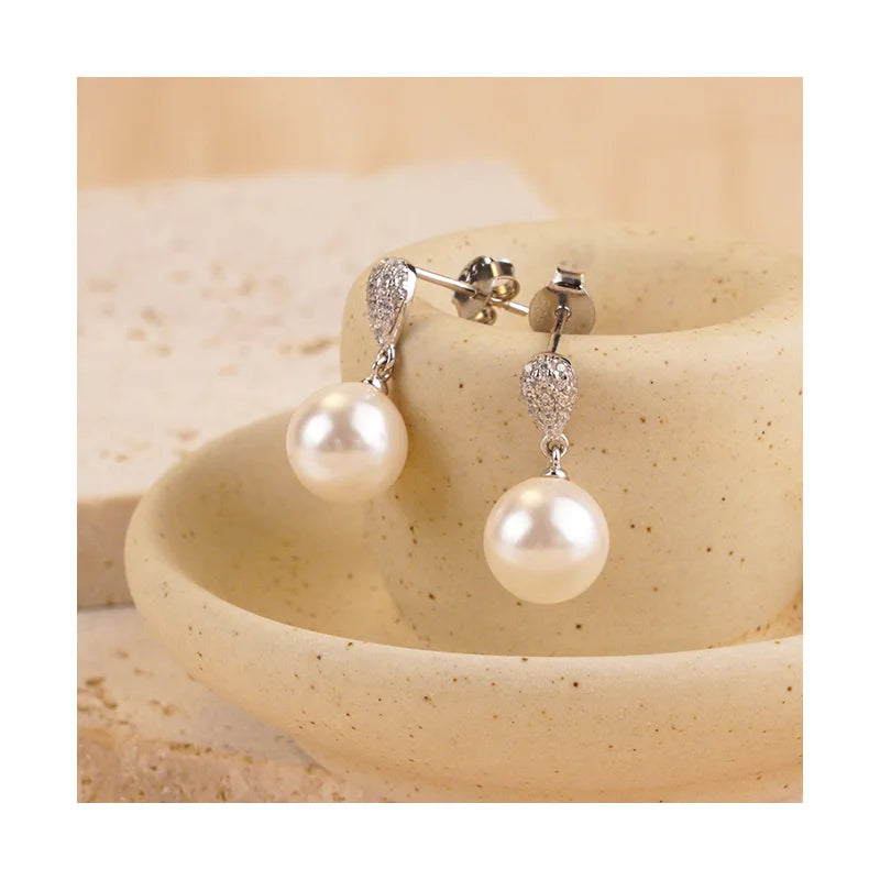 Vintage 925 Sterling Silver Fine Jewelry Simple Geometric Pearl Drop Earrings with Diamond for Women