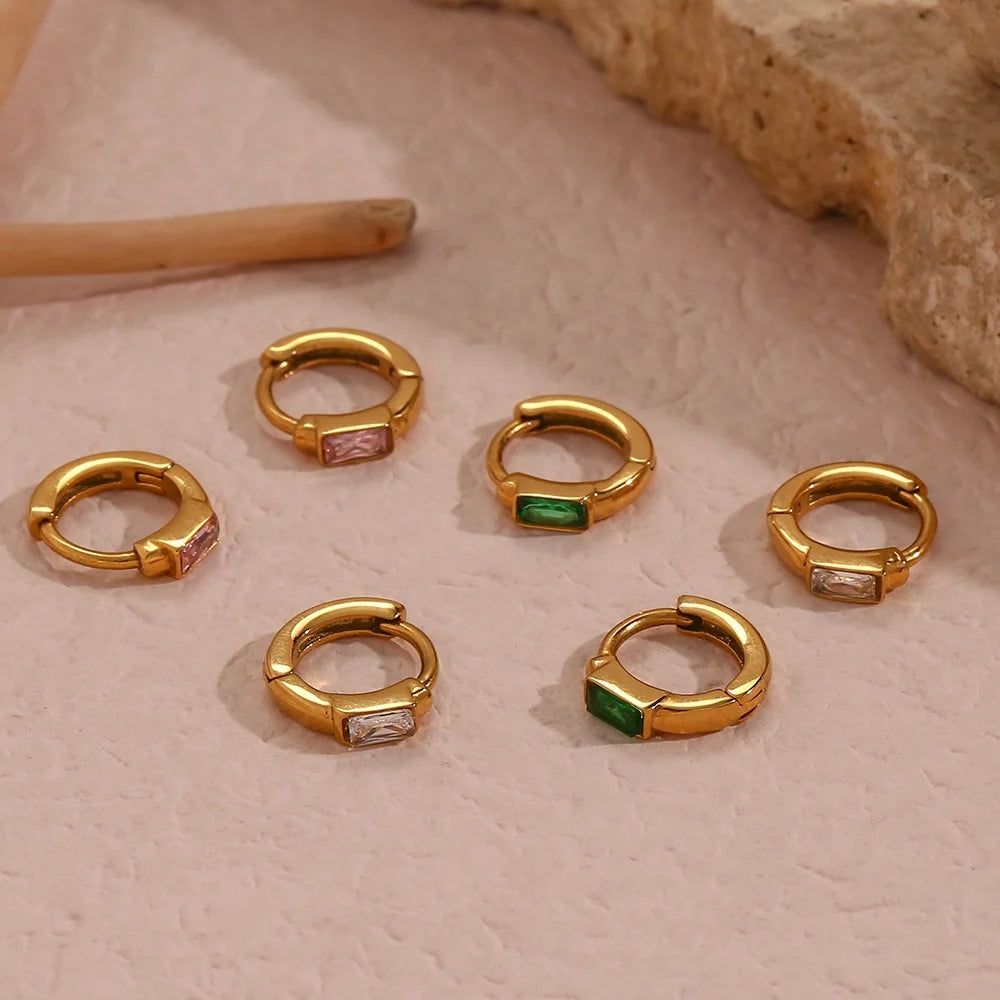 Dreamshow Vintage Square Zircon Huggies Earrings 18K Gold Plated Stainless Steel Huggies Hoop Earring