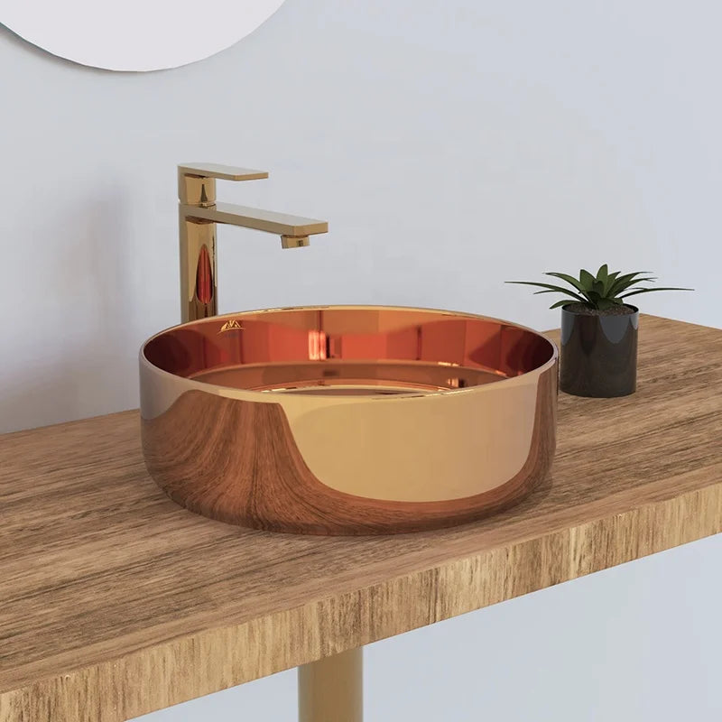 Factory Hot Sale Rose Gold Color Washbasin Bathroom Sink Golden Wash Basin with Ring Design