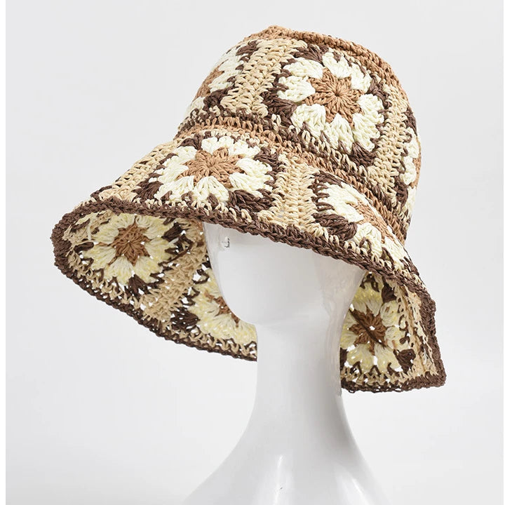 Wholesale 2023 Spring Summer New Hand Made Crocheted Flower Design Paper Straw Bucket Hat Fashion Women Lady Sunhat Beach Hat