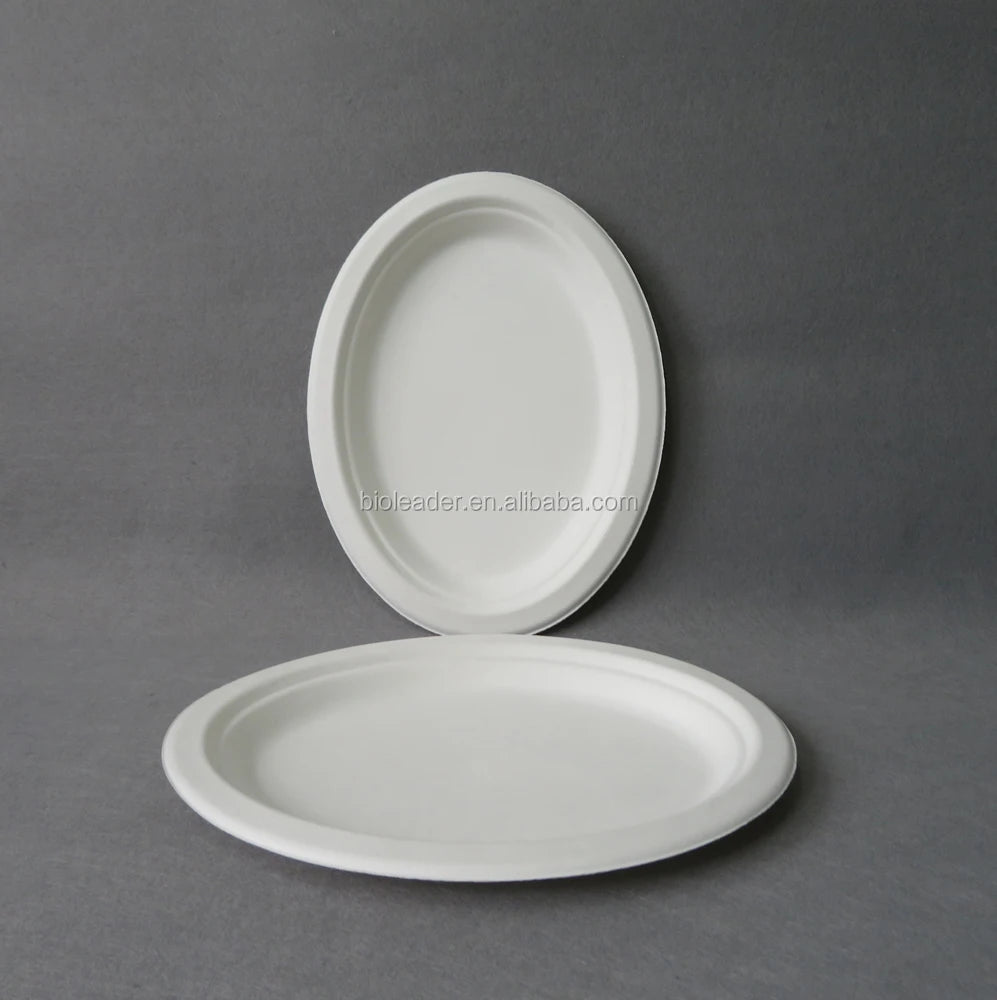 Eco-Friendly Waterproof Biodegradable Disposable Sugarcane Pulp Oval Takeaway Plate Sustainable Dishes & Plates
