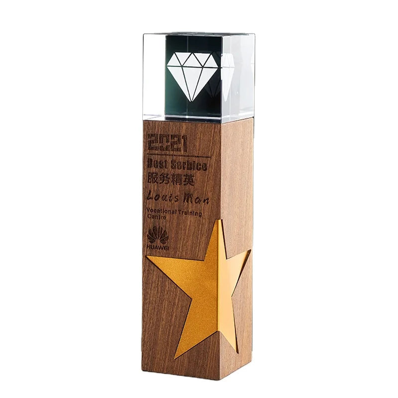 2025 Creative Souvenir Gifts Sports Customized Glass Wooden Trophy World Champion Crystal Award Trophy Cup